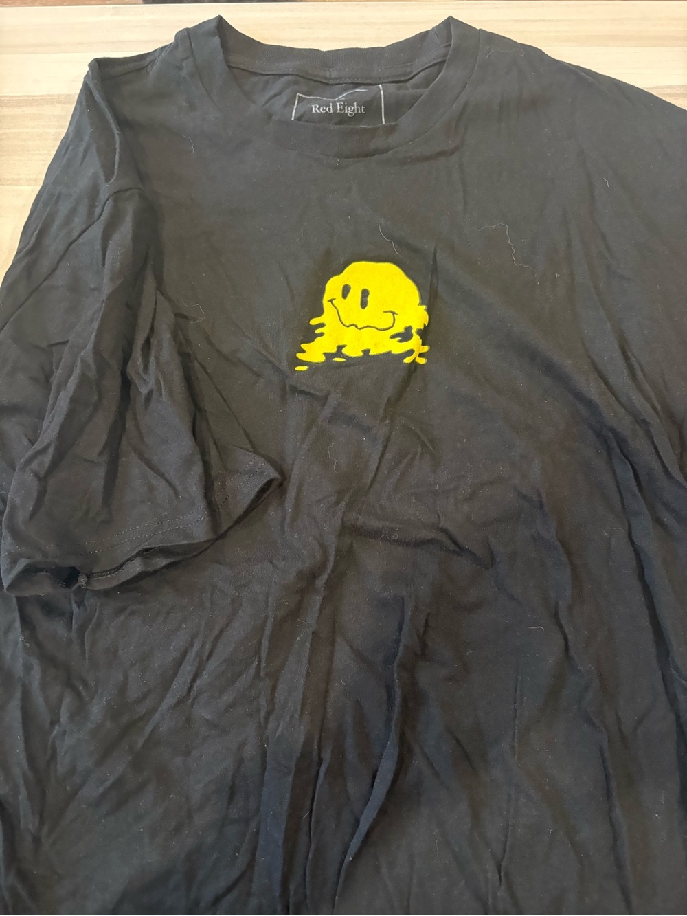Red Eight Black Tee with Yellow Smiley Drip Graphic